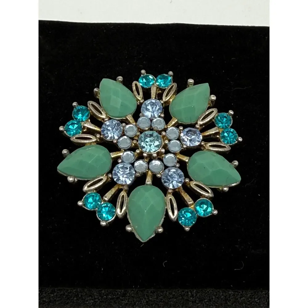 VINTAGE Brooch Pendant Aqua Rhinestone Seafoam Starburst Floral Gold Tone Pin